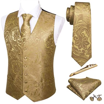 Barry.Wang Mens Gold Paisley Suit Vest Tie Formal/Leisure Vests Flower Handkerchief Cufflinks Set Suit Waistcoat Wedding 5PCS