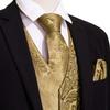 Barry.Wang Mens Gold Paisley Suit Vest Tie Formal/Leisure Vests Flower Handkerchief Cufflinks Set Suit Waistcoat Wedding 5PCS view 2