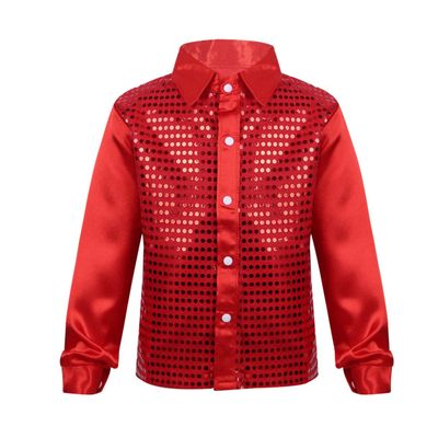 JEATHA Kids Boys Shiny Sequins Lapel Long Sleeve Hip Hop Jazz Latin Dance Shirts Stage Performance Costume Red 7-8