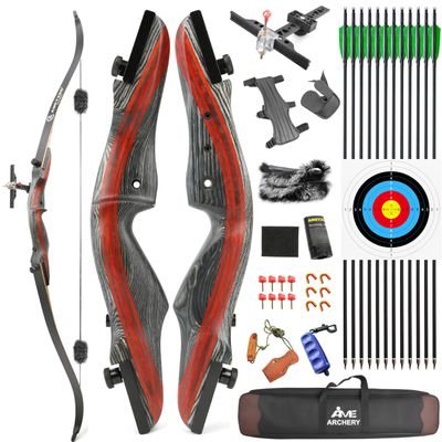 62" Takedown Recurve Bow Kit Traditional Wooden Bow Adults Youth 20-50Lbs for Right-Hand Hunting Practice Target Shooting