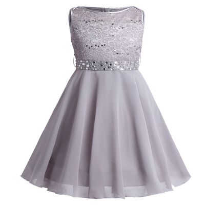 JEATHA Kids Flower Girl Dress Floral Lace Sleeveless Sequins Birthday Party Ball Gown with Rhinestone Belt Gray 8