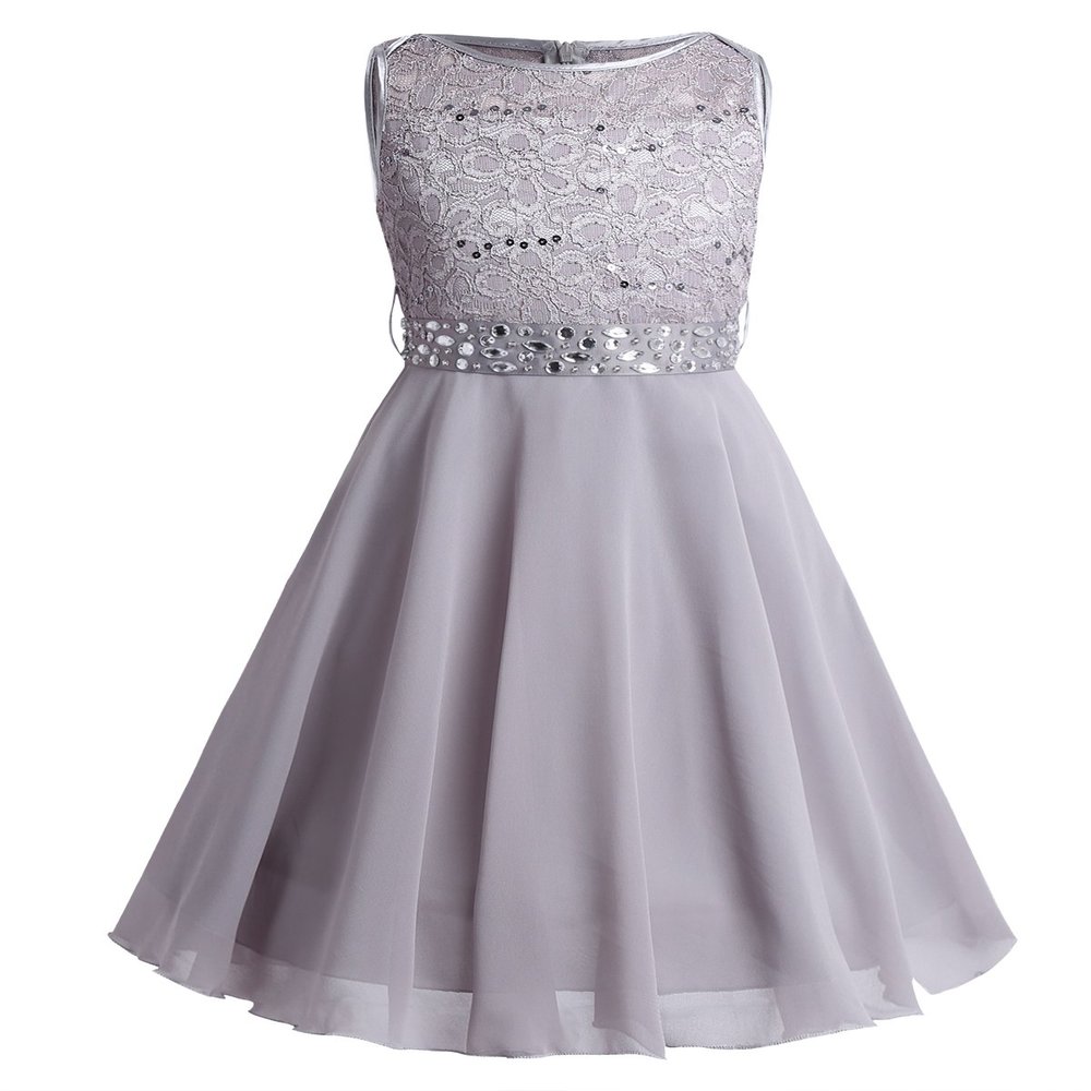 JEATHA Kids Flower Girl Dress Floral Lace Sleeveless Sequins Birthday Party Ball Gown with Rhinestone Belt Gray 8