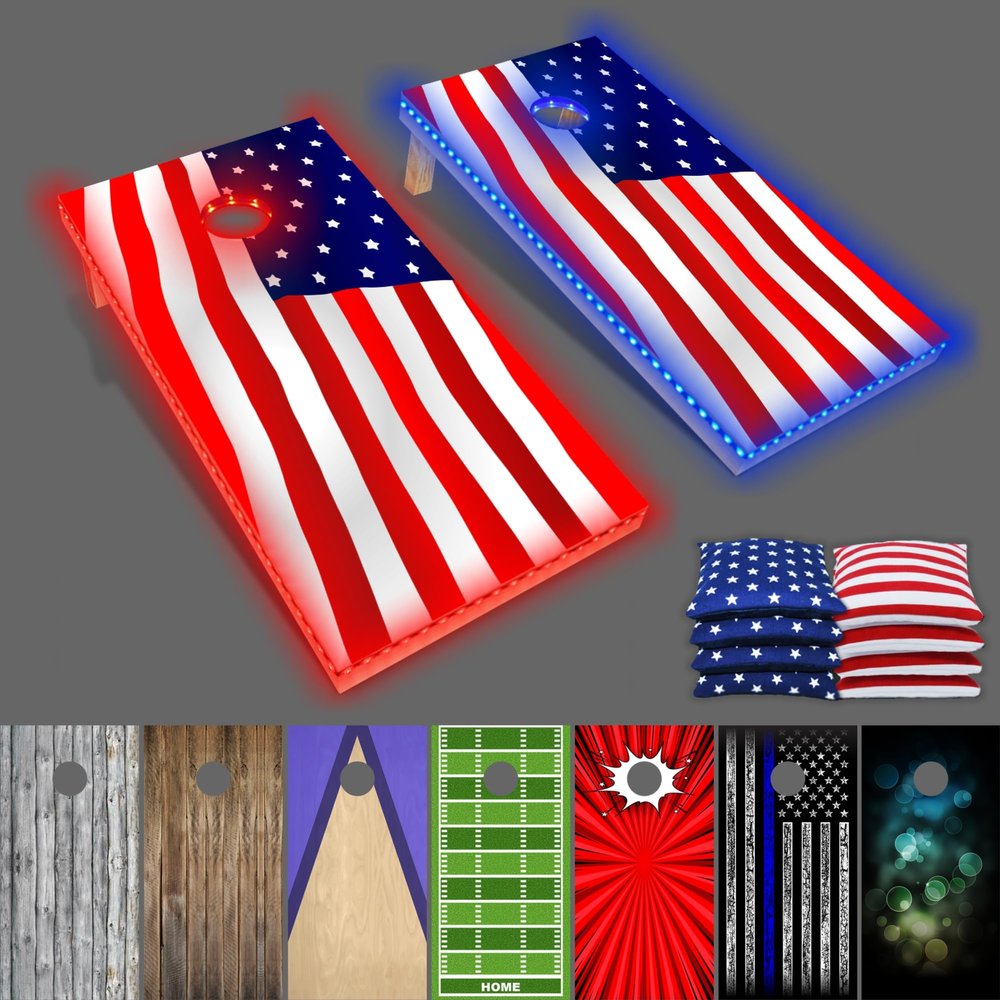 PartyToss 4 ft x 2 ft Wood Cornhole Boards/Bean Bag Toss Game Set w/LED Lights - USA Edition