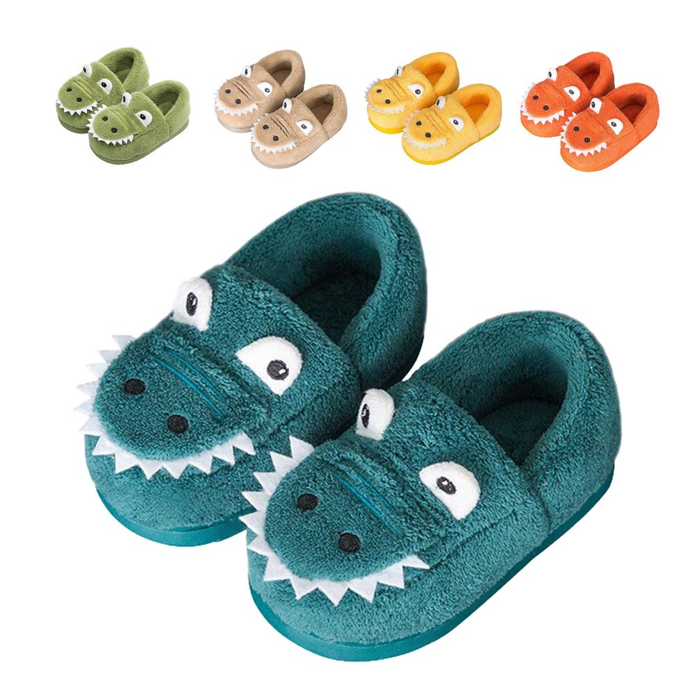 JACKSHIBO Girls Boys Home Slippers Warm Dinosaur House Slippers For Toddler Fur Lined Winter Indoor shoes Blue 9.5-10 Toddler