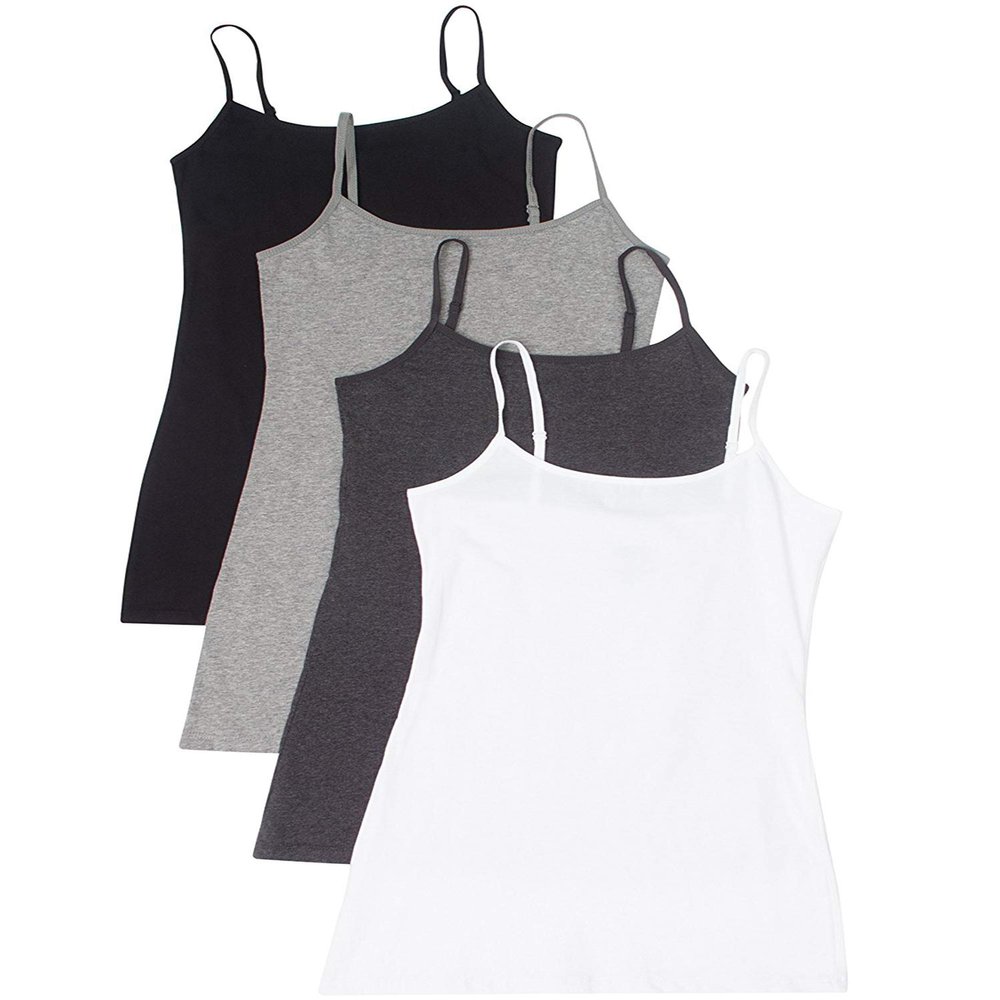4 Pack: Active Basic Cami Tanks in Many Colors - White, HCharcoal, Black, H Gray, Small