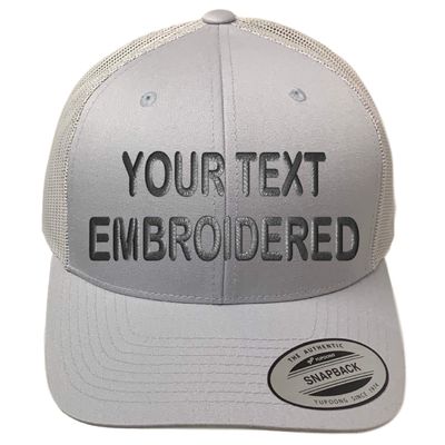 Custom Trucker Hat YP 6606 Embroidered Your Own Text Curved Bill Snapback (Silver)