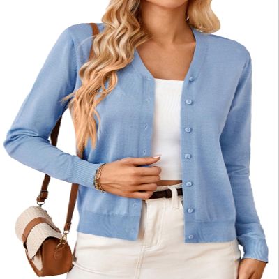 GRACE KARIN Women's Lightweight V Neck Cardigan Sweater Button Down Classic Dressy Cardigan Light Blue L