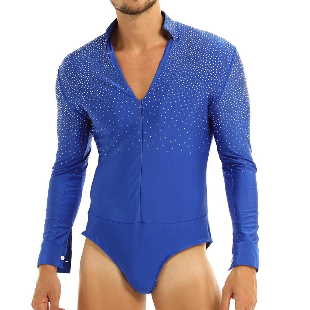 ACSUSS Men's Sequins V Neck Dance Shirts Unitard Ballroom Modern Latin Long Sleeve Dancewear 2# Royal_Blue XL