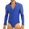 ACSUSS Men's Sequins V Neck Dance Shirts Unitard Ballroom Modern Latin Long Sleeve Dancewear 2# Royal_Blue XL view 1