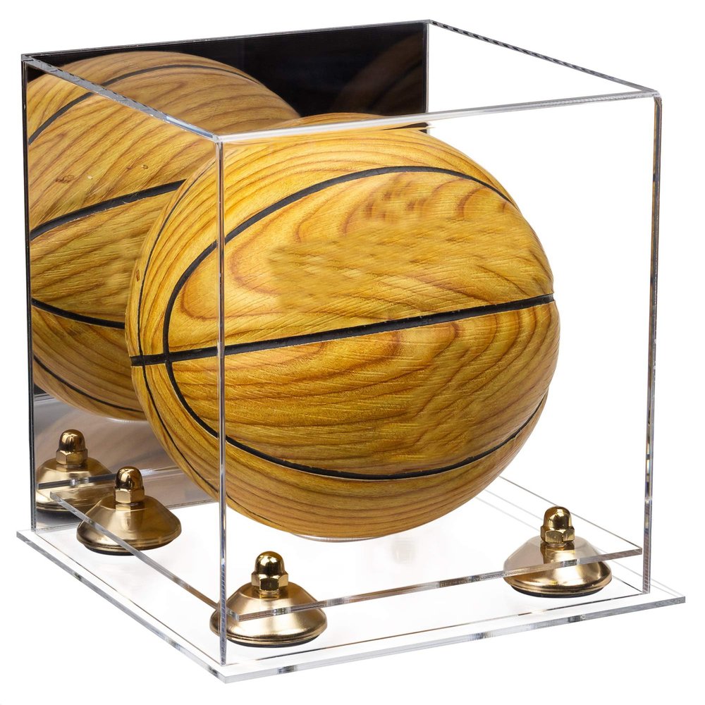 Better Display Cases Acrylic Mini - Miniature (not Full Size) Basketball Display Case with Mirror, Gold Risers and Clear Base (A015-GR)