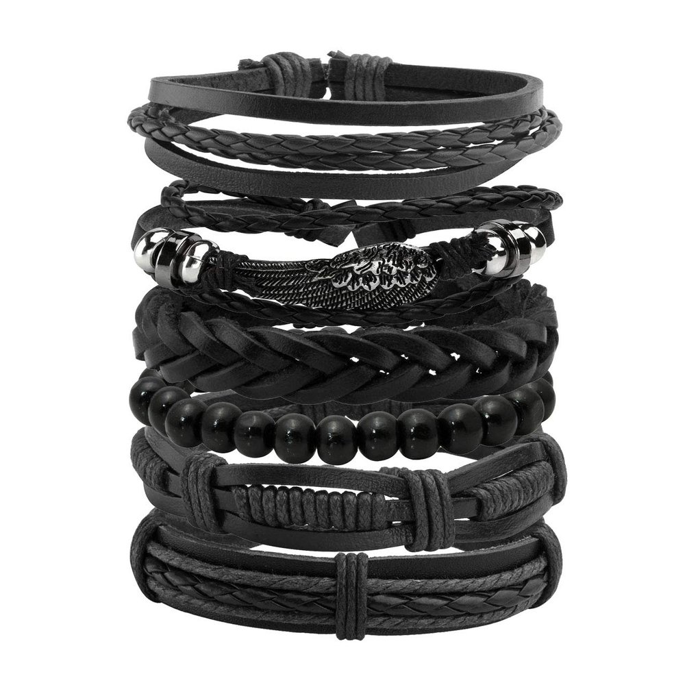 Mafnee Mens Bracelet Braided Leather Bracelet Punk Rock Cuff Bracelets Wrap Bracelet for Men Women Black