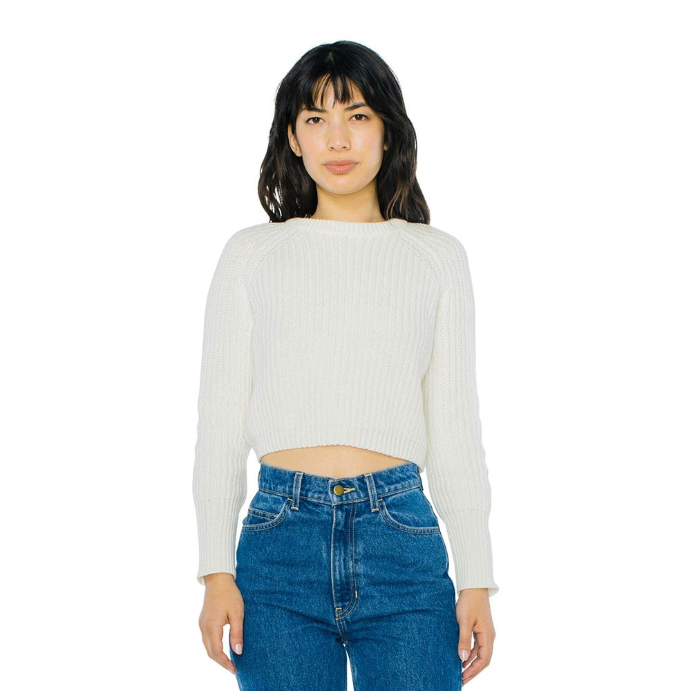 American Apparel Women's Cropped Fisherman Long Sleeve Pullover, Ivory, Medium