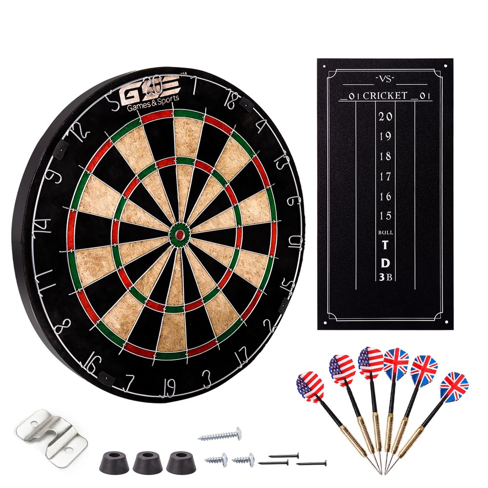 GSE Games & Sports Expert 18" Bristle Dartboard Set with Self-Healing Sisal Fibers Board, Six 17G Steel Tip Darts, Staple-Free Bullseye, Rotating Number Ring, Chalk & Dry Erase Scoreboard