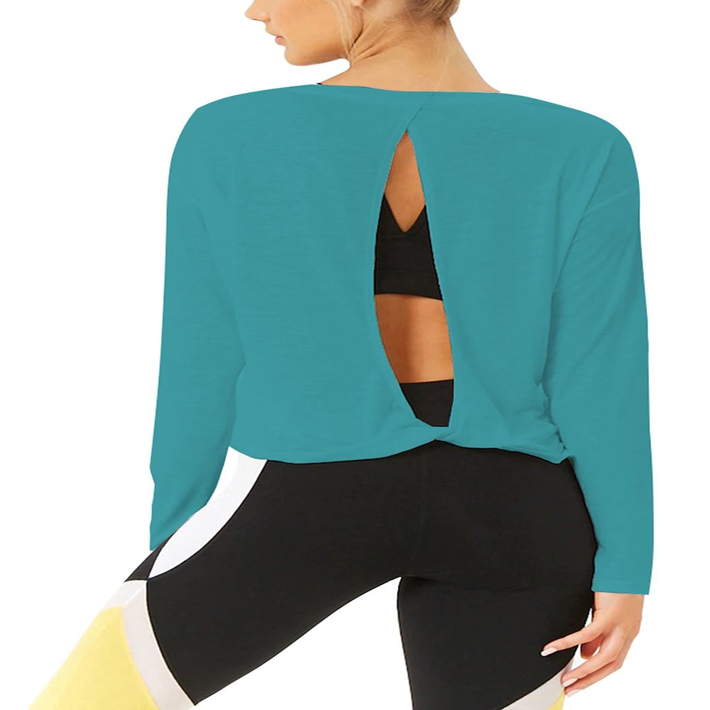 Bestisun Long Sleeve Workout Clothes Open Back Athletic Shirts Backless Yoga Tops for Women Blue Green M