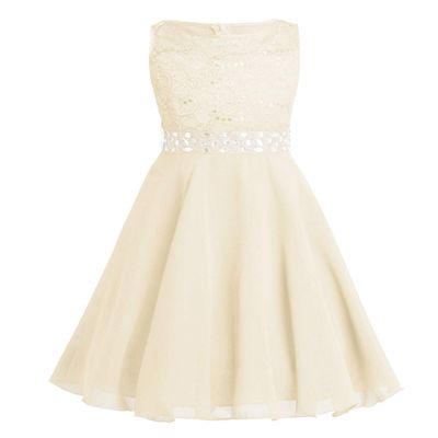 JEATHA Kids Flower Girl Dress Floral Lace Sleeveless Sequins Birthday Party Ball Gown with Rhinestone Belt Beige 12