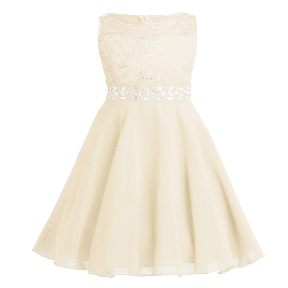 JEATHA Kids Flower Girl Dress Floral Lace Sleeveless Sequins Birthday Party Ball Gown with Rhinestone Belt Beige 12