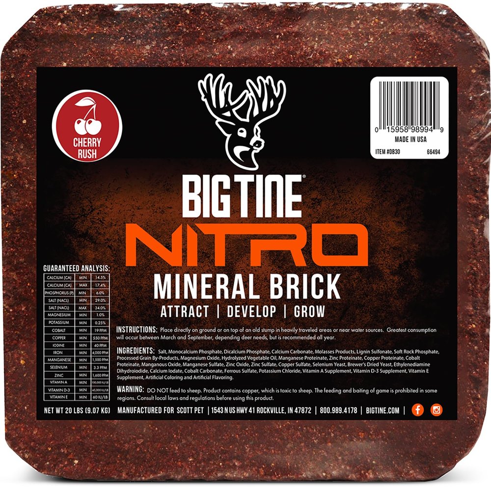 Big Tine Mineral Brick, Deer Attractant, Cherry Rush Flavor, 20lbs, 1 Count, Supports Antler Growth, Powerful and Long Lasting Scent, Packed with Vitamins and Minerals