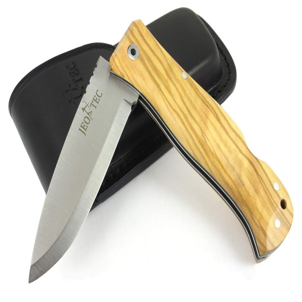 JEO-TEC N17 Bushcraft Survival Camping Hunting Fishing Outdoor Folding Knife, Stainless Steel Sandvik 14C28N, Genuine Leather Sheath, Handmade