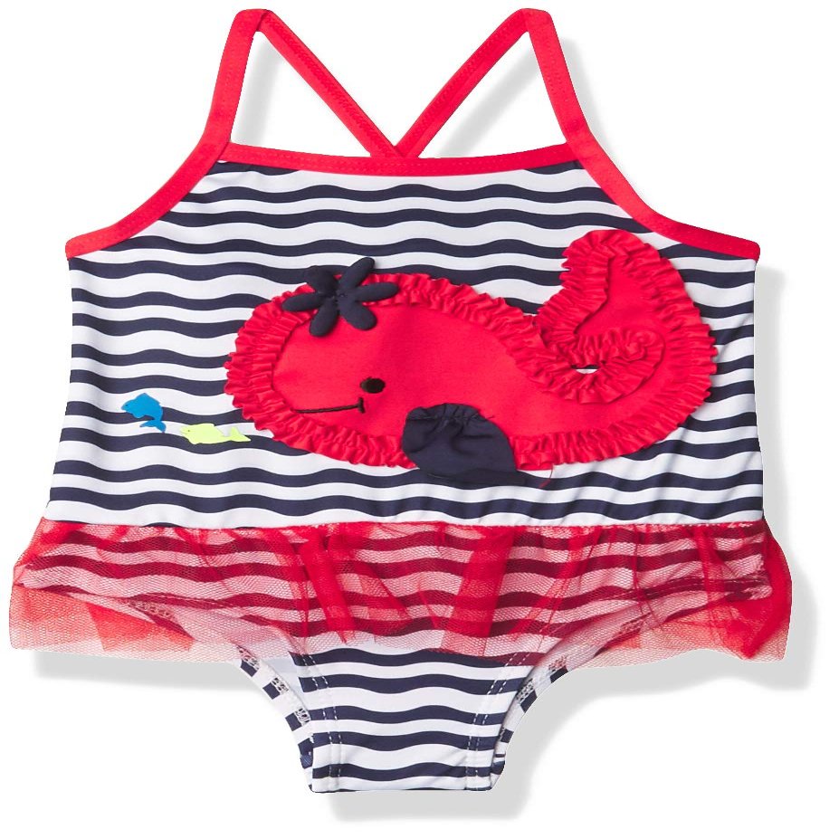 Wippette Baby Girl's Whale Print One Piece Swimsuit with Mesh Swimwear, Navy, 24M