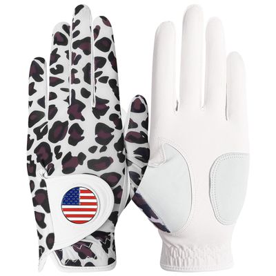 Amy Sport Golf Gloves Ladies with Ball Marker Left Right Hand Leather Pack, Womens Golf Glove All Weather Grip Breathable Soft Size Small Medium Large XL (Leopard, Large-Worn on Left Hand)