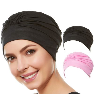 Beemo Swim Caps for Women Swimming Turban Polyester Latex Lined Pleated for Ladies-2pk BLK/LP