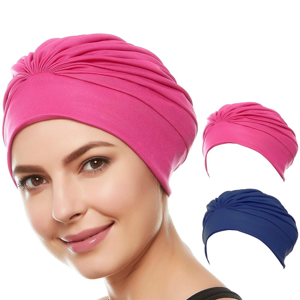 Beemo Swim Caps for Women Swimming Turban Polyester Latex Lined Pleated for Ladies-2pk HP/NA