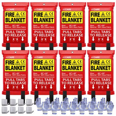 JJ CARE Fire Blanket  8 Packs with Hooks and Gloves  Emergency Fire Blanket for Home & Kitchen, High Heat Resistant Fire Suppression Blankets for Home Safety, Kitchen, and Camping