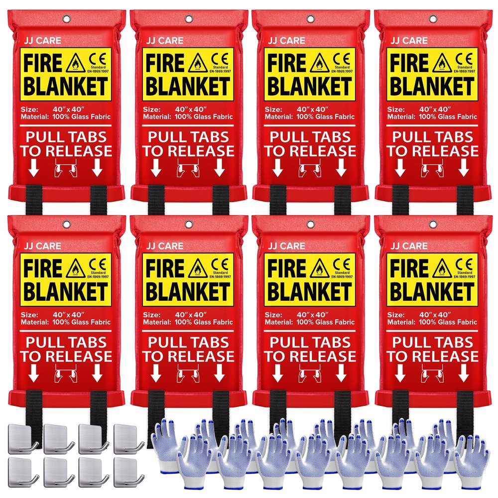 JJ CARE Fire Blanket  8 Packs with Hooks and Gloves  Emergency Fire Blanket for Home & Kitchen, High Heat Resistant Fire Suppression Blankets for Home Safety, Kitchen, and Camping