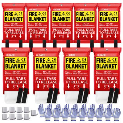JJ CARE Fire Blanket 9 Packs with Hooks and Gloves 40 x 40 Fire Blankets Emergency for Home and Kitchen, High Heat Resistant and Flame Protection for Kitchen, Car, Office, Camping & Home Safety