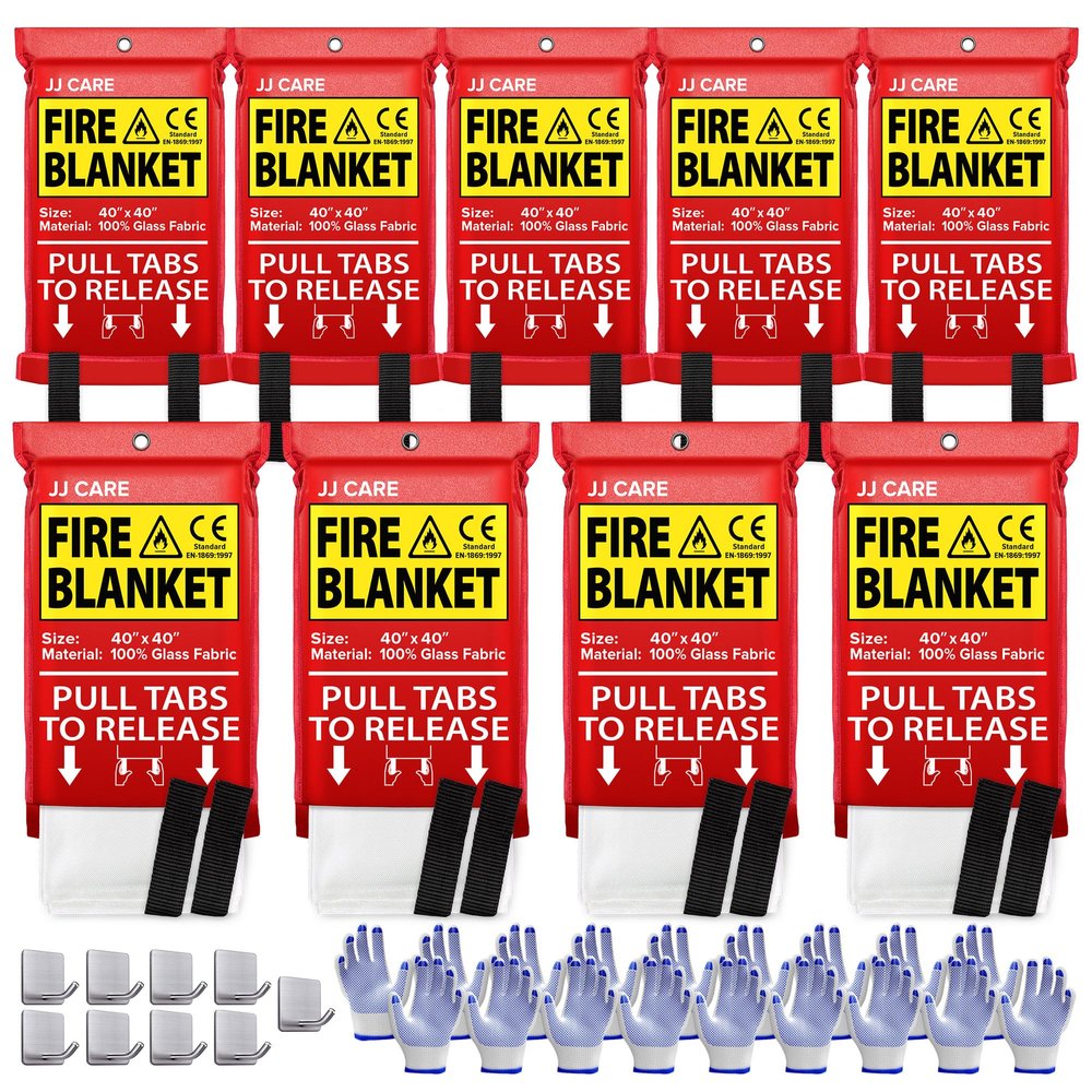 JJ CARE Fire Blanket 9 Packs with Hooks and Gloves 40 x 40 Fire Blankets Emergency for Home and Kitchen, High Heat Resistant and Flame Protection for Kitchen, Car, Office, Camping & Home Safety