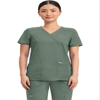 Cherokee Scrubs Top for Women Mock Wrap with 3 Pockets, Soft, 2-Way Stretch & Durable Fabric Plus Size - WW610, 3XL, Olive