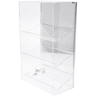 Plymor Clear Acrylic Locking Display Case with Sliding Back, 3 Angled Shelves (Mirrored), 21.75" H x 13.25" W x 7.5" D