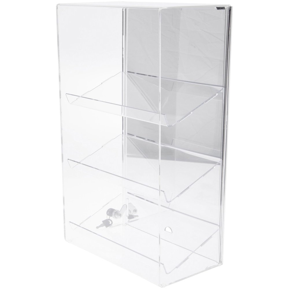 Plymor Clear Acrylic Locking Display Case with Sliding Back, 3 Angled Shelves (Mirrored), 21.75" H x 13.25" W x 7.5" D