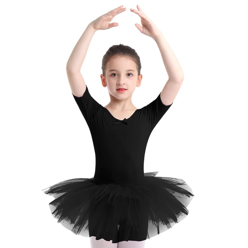 Freebily Girls Ruffle Flying Short Sleeve Ballet Dance Dress for Gymnastic Athletic Leotard Tutu Skirted Dancing Costume Short Sleeve Black 4-5