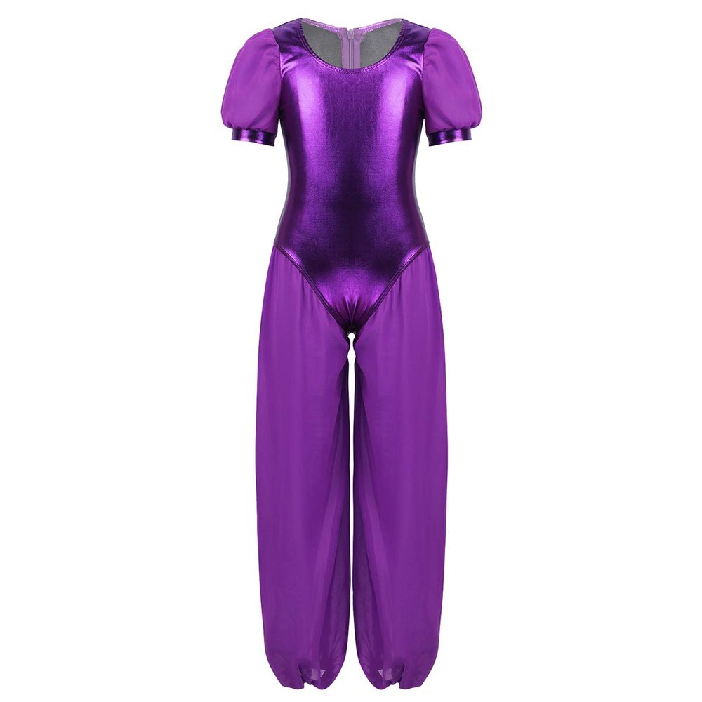 Moily Girls Ballet Princess Costume Metallic Camisole Top Chiffon Splice Unitard Jumpsuit Lyrical Dancewear Metallic Purple 6 Years