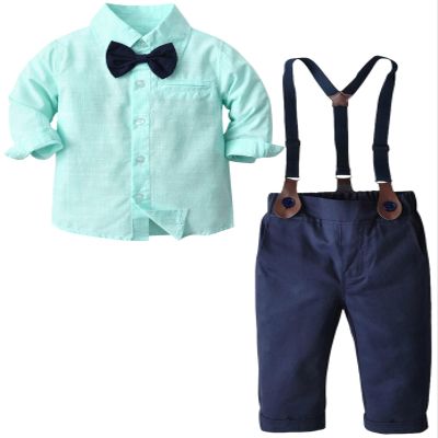 Baby Boy's Formal Outfit, Button Down Stripes Dress Shirt with Bow Tie + Suspender Pants Set for Toddlers Baby & Little Boys, 2 Pieces Baby Gift Clothes, Green, Tag 90 = 18-24 Months