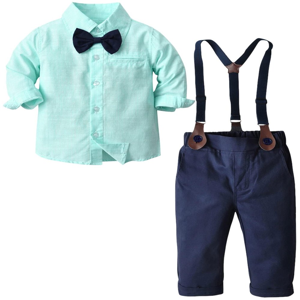 Baby Boy's Formal Outfit, Button Down Stripes Dress Shirt with Bow Tie + Suspender Pants Set for Toddlers Baby & Little Boys, 2 Pieces Baby Gift Clothes, Green, Tag 90 = 18-24 Months