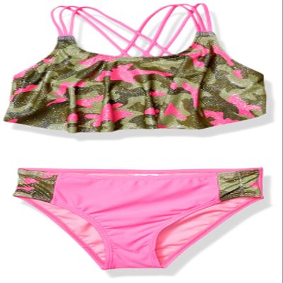 LiMiTeD Too Girls' Printed Two Piece Swimsuit with Ruffle Trim, Pink, 4