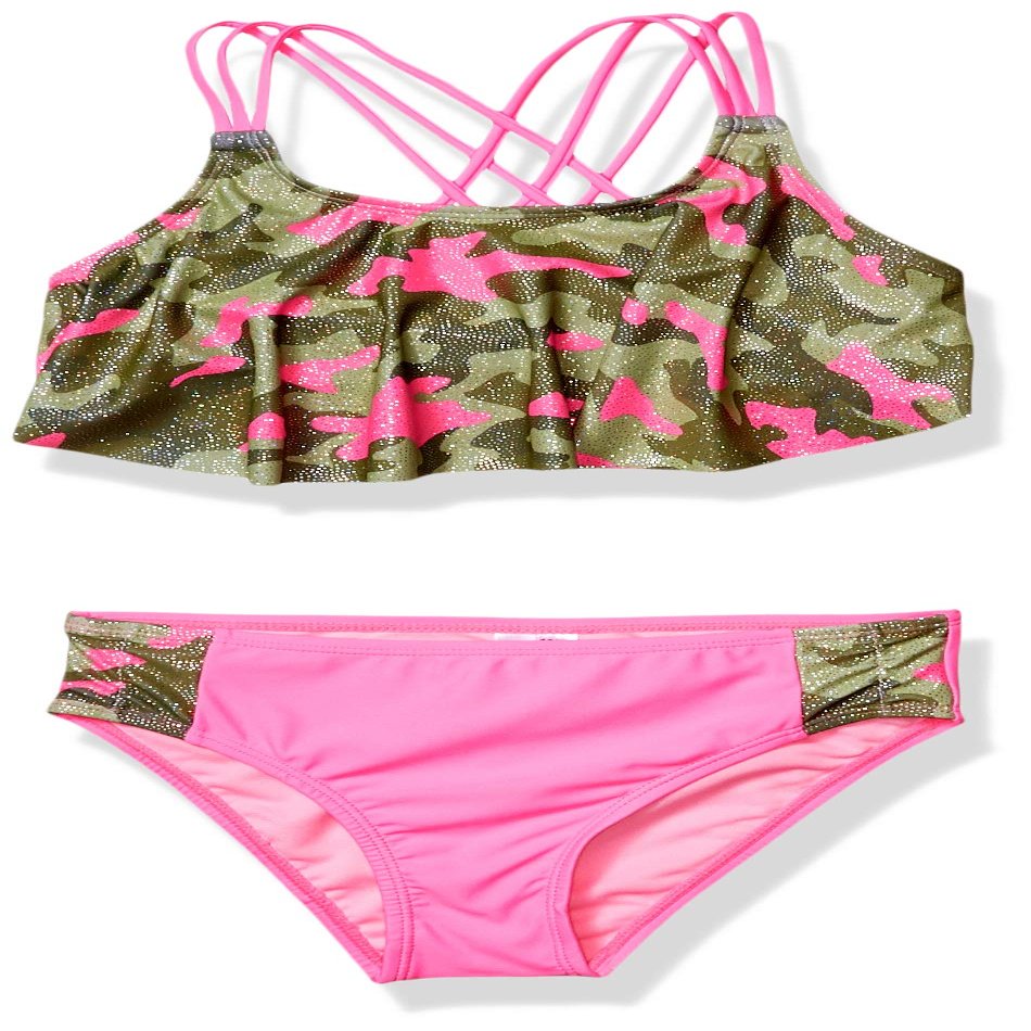 LiMiTeD Too Girls' Printed Two Piece Swimsuit with Ruffle Trim, Pink, 4