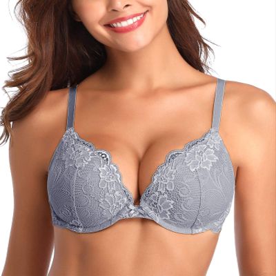 Deyllo Womens Push Up Lace Bra Comfort Padded Underwire Bra Lift Up Add One Cup(Unique Grey,36DD)
