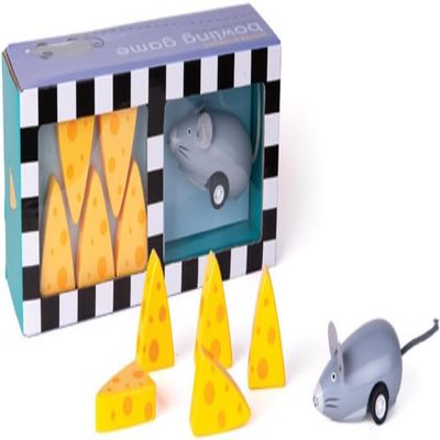 Jack Rabbit Creations Mouse & Cheese Wooden Bowling Set Pull-Back Mouse Car & Pins FSC Wood, Non-Toxic Fine Motor & Hand-Eye Coordination Gift Boxed, Ages 3+