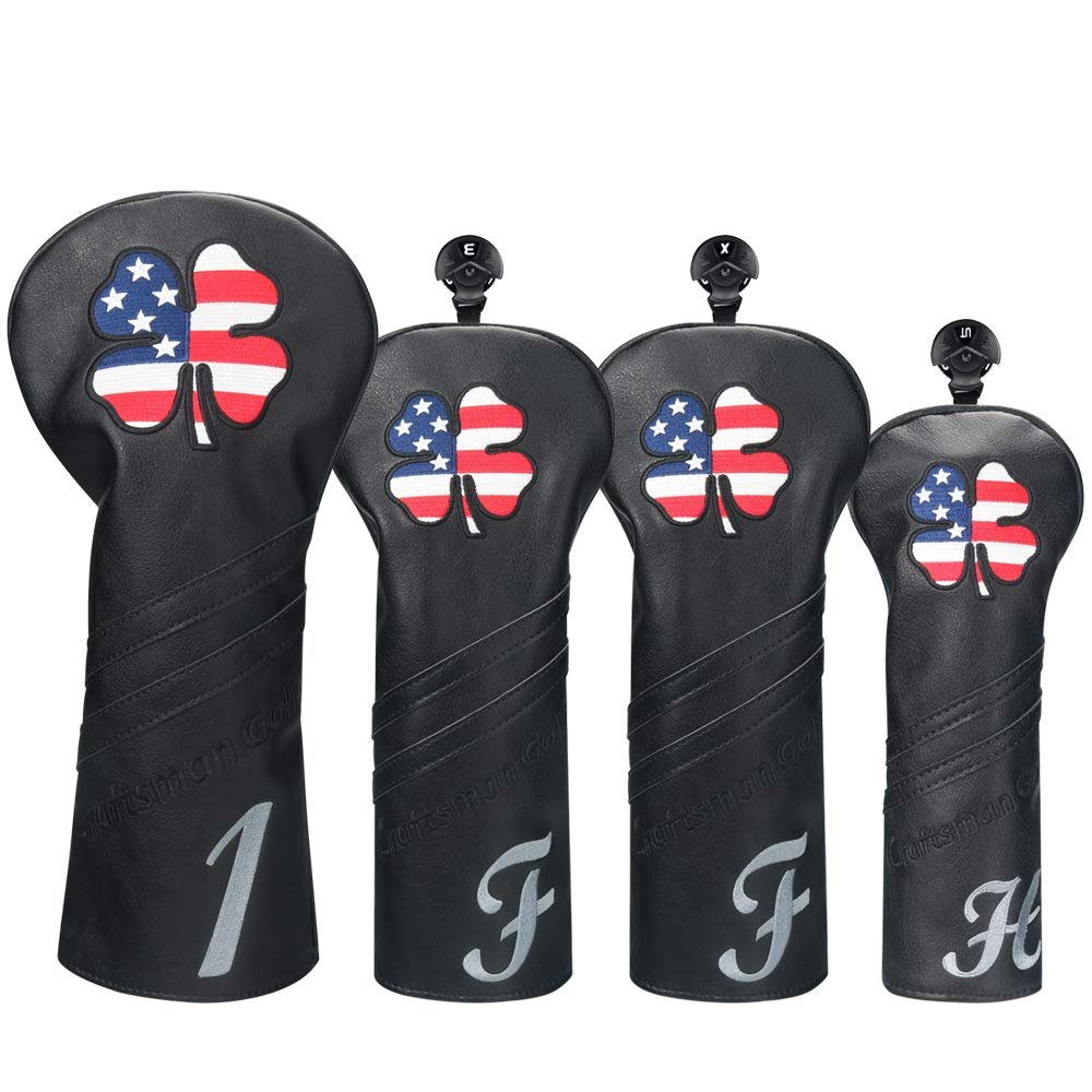 Craftsman Golf USA US Flag Clover Leather Black Driver Fairway Wood Rescue Hybrid Cover Headcover (4pcs(1,F,F,H))