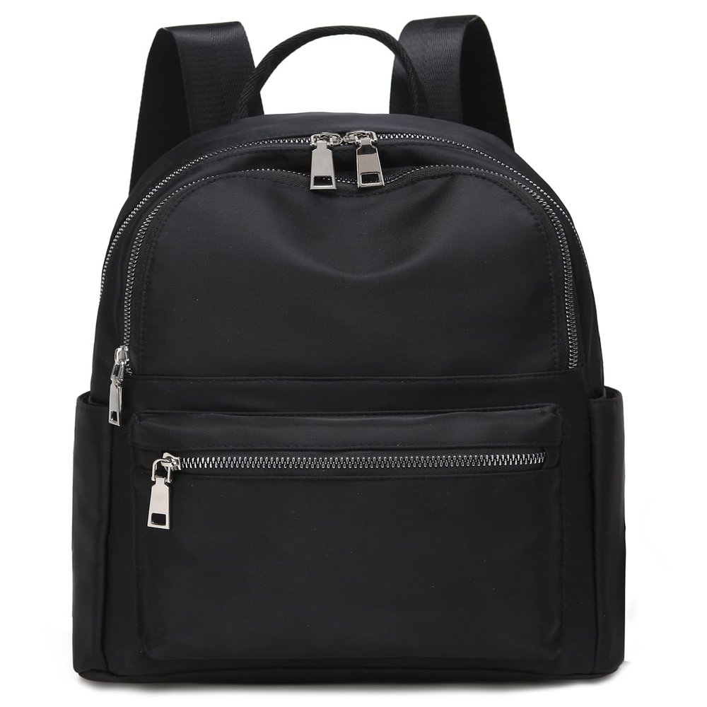 zhongningyifeng Backpack Purse for Women Nylon Lightweight, Travel Casual Daypack Silver Zippers, Black (Medium)