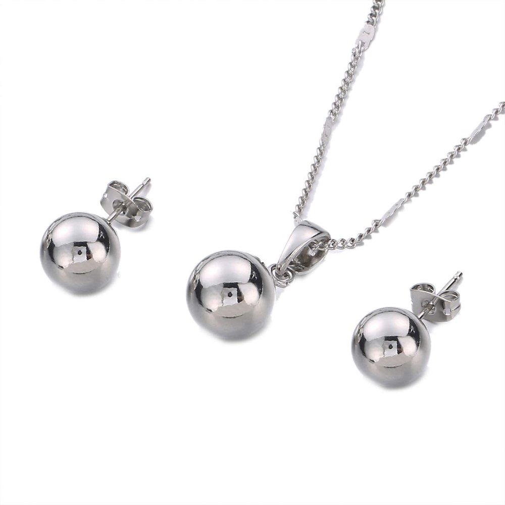 Beads Ball Necklaces Pendants Jewelry Set Women Men Round Sphere Plain Ball Earrings Jewelry Set (Silver)