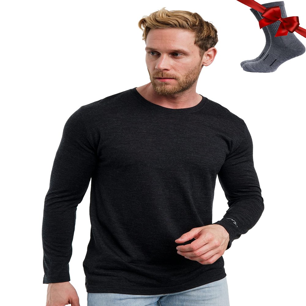 Merino.tech Merino Wool Base Layer - Mens 100% Merino Wool Long Sleeve Thermal Shirts Heavyweight, Midweight, Lite with Socks (X-Large, 165 Heathered Black)