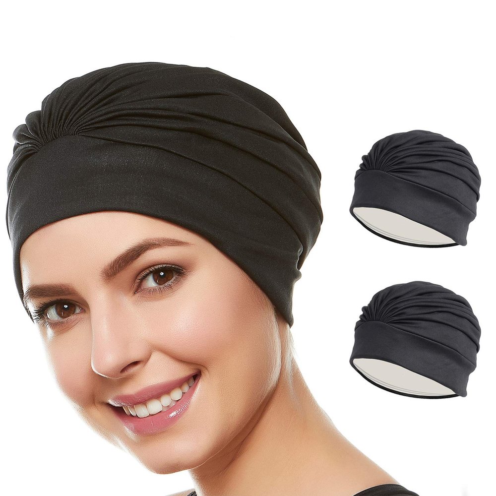 Beemo Swim Caps for Women Swimming Turban Polyester Latex Lined Pleated for Ladies-2pk Blk/BLK