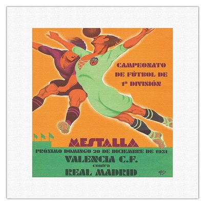 Spanish Soccer Championship - Valencia vs Real Madrid Spain - Mestalla Stadium - Vintage Sports Poster by Formo c.1931 - Fine Art Rolled Canvas Print 11in x 14in