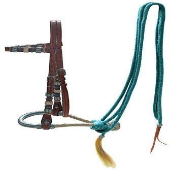Showman Leather Bosal Headstall w/Teal Rawhide Braided Bosal & Mecate Reins