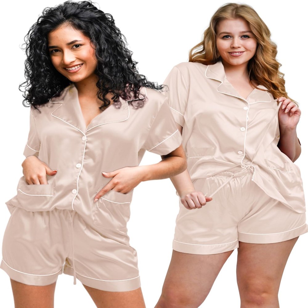Taniri Pajama Set for Women - Silk Satin Womens Pajamas Set - Button Down - Bridesmaids Pajamas - Satin Women PJ Set Top & Shorts Blush