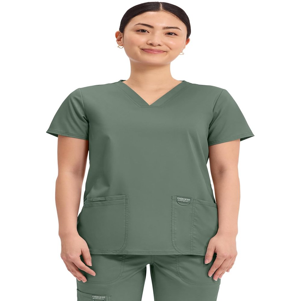 Cherokee Medical Women's Scrub Top V-Neck Modern Classic Fit with 3 Pockets, Ultra Soft and 2-Way Stretch Fabric - WW620, XXS, Olive
